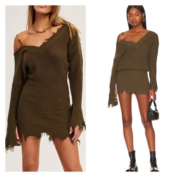 SER.O.YA Dresses & Skirts - SER.O.YA x Revolve Maude Army Green Long Sleeve Bodycon Distressed Sweater Dress